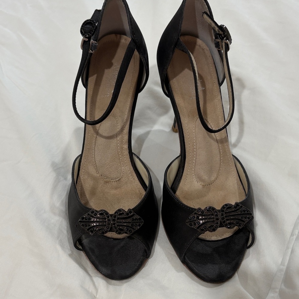 ANGELA NURAN Black Ankle-Strap Peep-Toe Heels with Embellishment - Picture 2 of 15